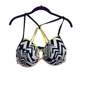 Victoria’s Secret Bikini Halter Top Tie Geometric Stripes White Blue 34 DD